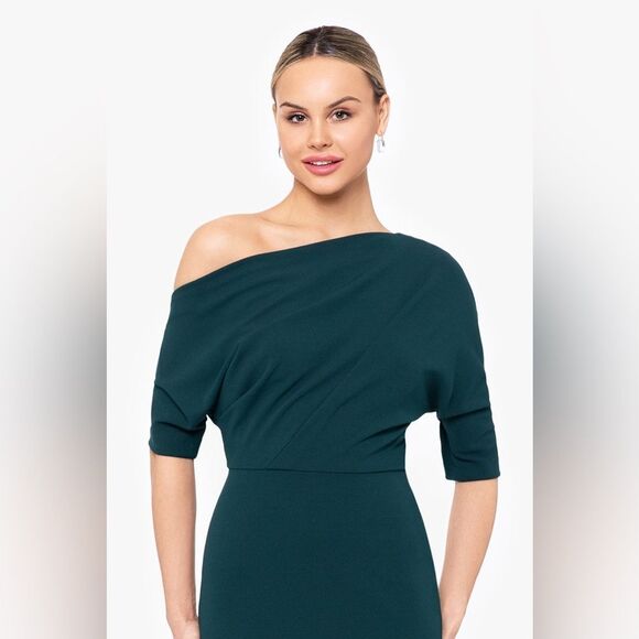 Betsy & Adam NWT MADELINE LONG SCUBA CREPE OFF THE SHOULDER DROP DRESS PINE 10 - Picture 2 of 3